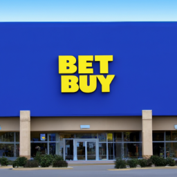Description: A photo of the exterior of a Best Buy store, with the Best Buy logo prominently displayed.