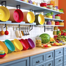 the image shows a kitchen with colorful mixing bowls, pots, pans, and utensils displayed on open shelves. the kitchen also features a colorful seafood tower, a fruit display, and a charcuterie board. the overall ambiance of the kitchen is bright, cheerful, and inviting.
