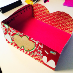 description: an anonymous image shows a diy valentine's box made from a shoebox covered in red construction paper. it is decorated with heart-shaped cutouts, glitter, and stickers. the box has a slot on top for inserting cards and treats.