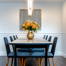 description: an elegant dining room featuring a beautifully crafted restoration hardware dining table, surrounded by a mix of modern and traditional chairs. the table's metal top adds a touch of sophistication to the space.