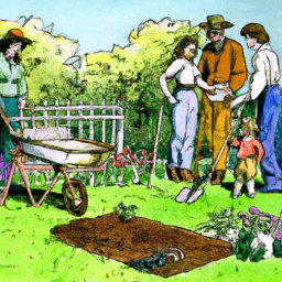 description: an image showing a family working together in a garden, planting flowers and vegetables, with tools and gardening supplies nearby.