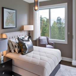 The image shows a cozy bedroom suite, complete with a plush white bed, matching nightstands with lamps, and a comfortable armchair. The walls are painted in a soft gray tone, and the room is bathed in natural light from the large windows. The overall effect is one of comfort and elegance.
