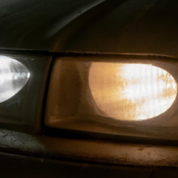 description: an anonymous image of a car with cloudy headlights before a headlight restoration service. the headlights appear yellowed and dull, reducing visibility and making it difficult to see the road at night.