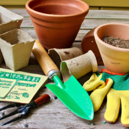 description: an image showcasing various gardening supplies such as seed packets, gloves, pots and planters, hand trowels, and more.