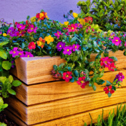 description: an image showcasing a beautifully painted wooden planter with vibrant flowers blooming. the colors chosen complement each other perfectly, creating a visually stunning centerpiece for any home garden.