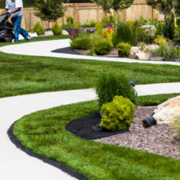 A professional landscaping company working on a yard with green grass, a variety of plants, and a winding pathway.