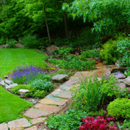 A picture of a colorful garden with lush green grass, bright flowers, and a stone pathway winding through it.
