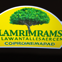 A picture of a landscaping company's logo with green and yellow colors, featuring a tree and the company's name in bold letters.