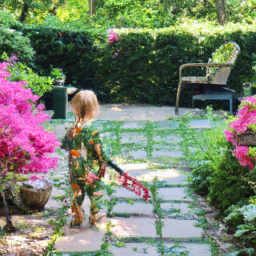 description: in the image, a young child is seen exploring a lush green garden. the child's face is not visible, but they are wearing a colorful outfit and holding a small gardening tool. the garden is filled with vibrant flowers, neatly trimmed hedges, and elegant outdoor furniture. the overall ambiance exudes tranquility and beauty.