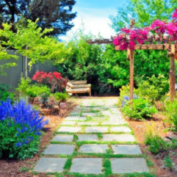description (anonymous): an image showcasing a beautifully designed walkway in a backyard. the path is made of smooth gray pavers, surrounded by lush green grass and colorful flowers on both sides. the walkway leads to a cozy seating area with comfortable outdoor furniture and a fire pit. the overall atmosphere is serene and inviting, creating a perfect spot for relaxation and enjoyment.