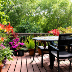 description: an image of a beautifully landscaped backyard with a cozy outdoor seating area, surrounded by lush greenery and colorful flowers.