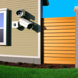 description (category: home security): an image showcasing a modern home with security cameras installed around the perimeter, ensuring the safety of the property.
