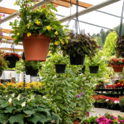 description: an array of vibrant green plants and colorful flowers displayed in pots and hanging baskets at a bustling gardening nursery. customers can be seen browsing through the lush foliage, selecting plants to take home and enhance their outdoor spaces.