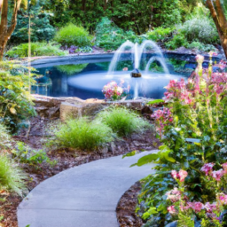 description: an anonymous image showing a beautifully landscaped backyard with a vibrant array of flowers and plants. a winding stone footpath leads through the garden, passing by a small pond with a fountain. the image captures the peaceful and serene atmosphere of a well-designed outdoor space.