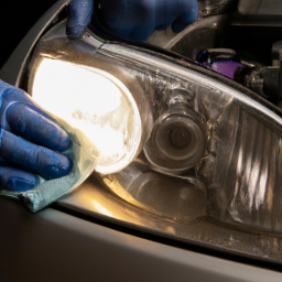 description: an anonymous image showing a person using a headlight restoration kit on a car. the person is wearing gloves and applying a polishing compound to the headlight lens using a cloth. the clarity of the headlight lens is visibly improving, with the yellowing and foggy appearance gradually disappearing.