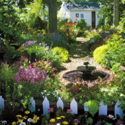 a beautiful home garden filled with vibrant flowers and green plants arranged in neat rows. a small fountain sits in the center of the garden, surrounded by a mix of annuals and perennials. the garden is bordered by a white picket fence and a row of tall trees, providing privacy and shade. the image exudes a sense of tranquility and peace, inviting viewers to step inside and enjoy the beauty of nature.