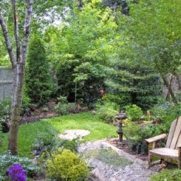 A picture of a backyard garden with a variety of plants and trees, a pathway, and a seating area.