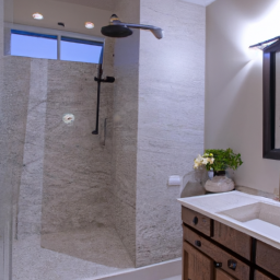 Description: A modern, beautifully remodeled bathroom featuring a large walk-in shower, double vanity, and stylish lighting and fixtures.