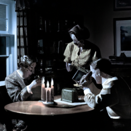 description: A family sitting in the living room, looking at their phones and listening to a battery-powered radio. The room is dimly lit, and there are candles on the coffee table. The father is holding a flashlight, and the mother is pouring water from a jug into a glass.
