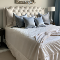 description: an elegant bedroom with a beautifully made bed featuring restoration hardware bedding in a neutral color palette. the linen sheets and duvet cover exude luxury and sophistication, while the surrounding decor adds a touch of warmth and coziness to the space.