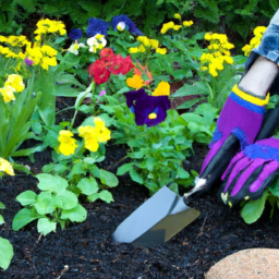 description: A person wearing gardening gloves holding a trowel and kneeling in a garden bed filled with blooming flowers and greenery.