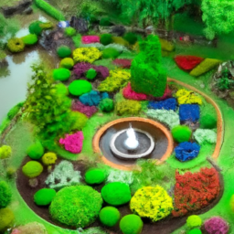 description: a beautiful garden with colorful flowers, green grass, and a small pond. the image is taken from a bird's-eye view, giving a full view of the garden's layout and design. the garden is surrounded by trees and is the perfect place to relax and enjoy the beauty of nature.