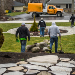 Image of a professional landscaping team in Buffalo, NY, working on a residential property. They are using plants, trees, and stones to create a beautiful outdoor area.