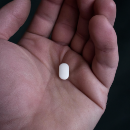 description: A person holding a small white pill in their hand.