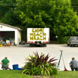 description: an anonymous image of a small landscaping company with a gravel parking lot and a "make america great again" banner hanging on its garage door. the image shows a few employees working on the lawn, with gardening tools and trucks parked nearby.