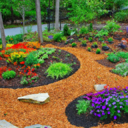 Description: An image of a lush, colorful garden with a variety of plants and flowers surrounded by mulch.