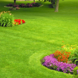 description: A well-manicured lawn with lush green grass, trimmed edges, and colorful flowers in the background.