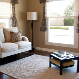 An image of a room with a modern, neutral color palette and subtle accents of color and texture.