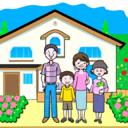 Description: A family standing in front of a newly rebuilt home, surrounded by lush green plants and flowers.