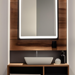 The image shows a large rectangular mirror with a dark wood frame hanging above a double sink vanity. The mirror is illuminated with built-in lighting, and there are several small shelves built into the frame for storing toiletries. The overall look of the bathroom is modern and sleek, with white tiles and minimalist decor.
