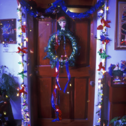 description: an anonymous image depicts a door decorated with elf movie themes. it features colorful garlands, wreaths, and various elf movie props, creating a whimsical and festive atmosphere.