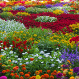 Description: A photo of a variety of colorful flowers in a garden, including marigolds, cosmos, zinnias, sunflowers, impatiens, geraniums, petunias, snapdragons, foxgloves, and morning glories.