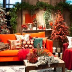 description: an image showcasing law roach's holiday-inspired homeware collection at cb2. the photo features a cozy living room with festive decorations, including a beautifully adorned christmas tree, holiday-themed throw pillows, and stylish furniture pieces in rich fall-inspired colors. the overall ambiance exudes warmth and elegance, inviting viewers to embrace the holiday spirit.
