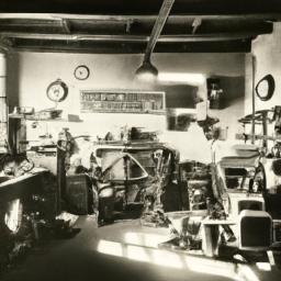 description: an anonymous image depicts a workshop filled with various tools and equipment. a workbench occupies the center, cluttered with antique items in various states of restoration. the walls are adorned with shelves displaying meticulously restored items, including vintage car parts, clocks, and furniture. rays of sunlight pour through a window, illuminating the workshop, creating a sense of warmth and creativity.