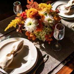 description: a beautifully arranged thanksgiving centerpiece featuring autumnal colors and seasonal flowers on a table, surrounded by elegant tableware.