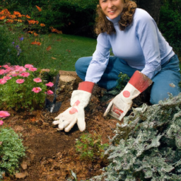 description: A woman wearing gloves and holding a trowel while kneeling on a garden bed with green plants and flowers.