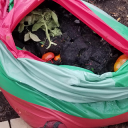 Description: A photo of a grow bag filled with soil, tomatoes, peppers, and squash.