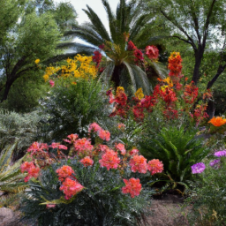 description: a vibrant garden in the desert, showcasing a variety of colorful flowers and lush green plants. the image conveys the resilience of gardeners in arizona, defying the arid climate to create beautiful and thriving gardens.