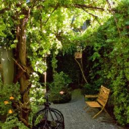 description: a narrow side yard with a trellis covered in climbing vines, a small bench, and a mix of potted plants and shrubs. the space is shaded by a tall fence on one side and a canopy of trees on the other.