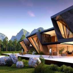 description: an anonymous image shows a magnificent mountainside oasis surrounded by lush greenery and towering mountains. the dream home, a beautiful blend of modern architecture and natural elements, stands proudly in the landscape. its large windows offer breathtaking views of the scenic surroundings, while the well-manicured gardens and outdoor spaces provide a tranquil retreat.