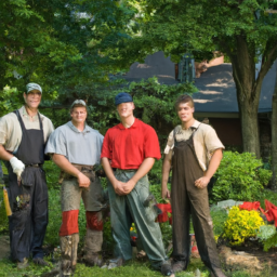 A team of landscapers standing in front of a lush garden they created, admiring their work.