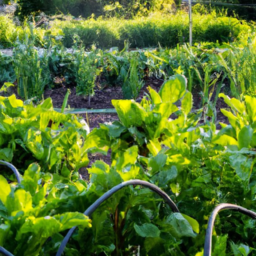 description: a photo of a lush green garden with rows of healthy, vibrant plants growing in neat rows. the sun is shining down on the garden, casting a warm glow over the scene.