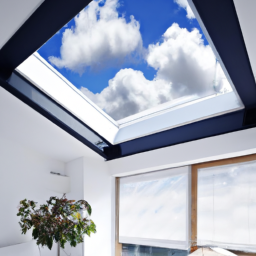 description: A modern living room with a large skylight in the ceiling, showing the blue sky and clouds outside. The skylight is fitted with a Velux Smart Home system, with electric blinds and a sensor on the wall. The room is decorated with contemporary furniture and plants, creating a cozy and inviting atmosphere.