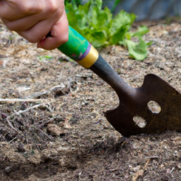description: A person holding a garden fork and digging into a patch of soil with green plants growing in the background.