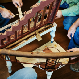 description: an image depicting a team of restoration experts refurbishing a damaged antique piece of furniture.