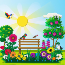 description: the image shows a beautiful garden with colorful flowers, neatly trimmed bushes, and a wooden bench. the sun is shining, and there are birds flying in the background.